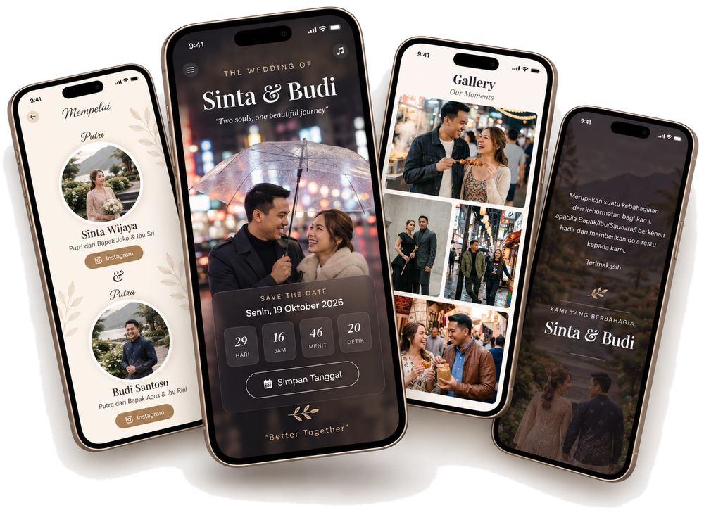 Tampilan undangan digital Hariha di beberapa halaman tema — sampul, mempelai, dan galeri